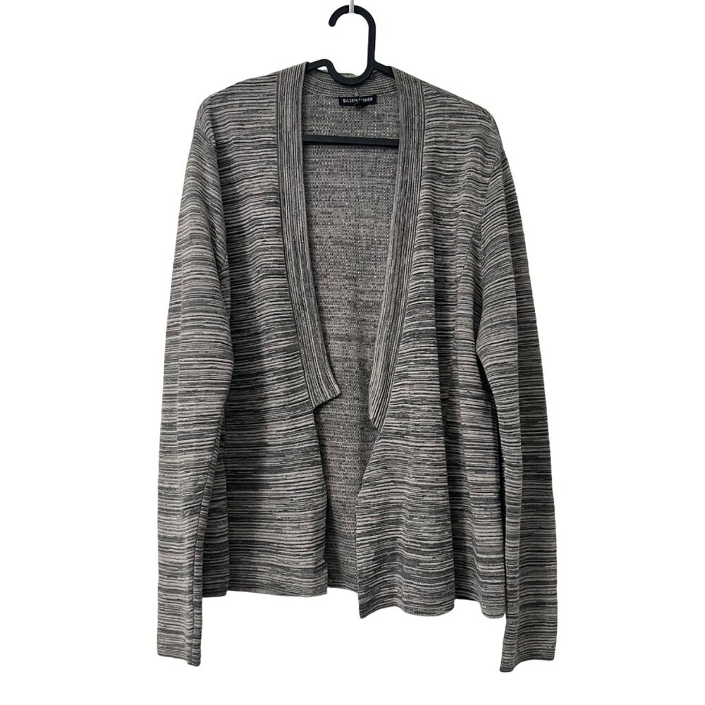 Eileen Fisher Heathered Gray Ribbed Notched Lapel Open Cardigan Sweater M
